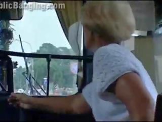 Crazy daring public bus dirty video action in front of amazed passengers and strangers by a couple with a charming lover and a bloke with big shaft doing a blowjob and a vaginal intercourse in a local transportation