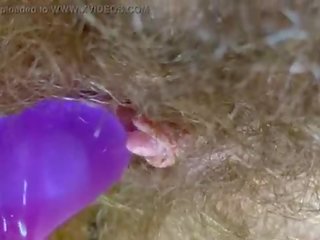 Bunny vibrator test masturbation POV closeup erected big clit wet orgasm hairy pussy